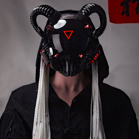 Cyberpunk Future Techwear Mask with Ox Horns & Triangle Light Cosplay Costume Props for Men