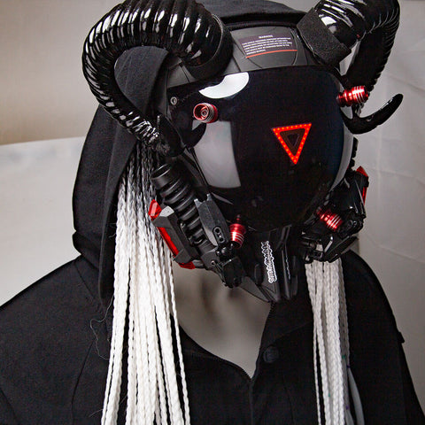 Cyberpunk Future Techwear Mask with Ox Horns & Triangle Light Cosplay Costume Props for Men