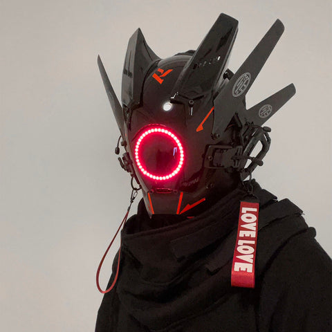 FuturFam-cyberpunk-red-round-light-mask-with-streamers-with-gloves-wrist-armor-for-masquerade