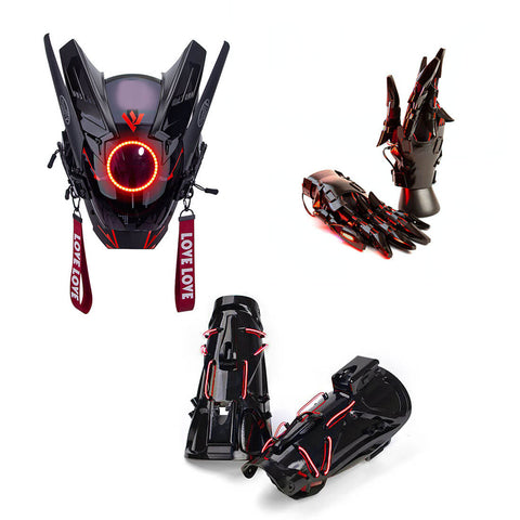 FuturFam-cyberpunk-red-round-light-mask-with-streamers-with-gloves-wrist-armor-for-masquerade