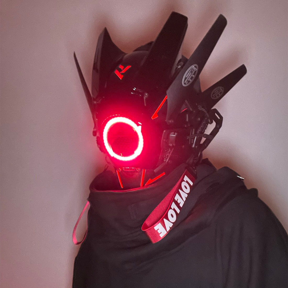 FuturFam-cyberpunk-red-round-light-mask-with-streamers-with-gloves-wrist-armor-for-masquerade