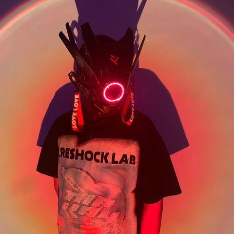 FuturFam-cyberpunk-red-round-light-mask-with-streamers-with-gloves-wrist-armor-for-masquerade