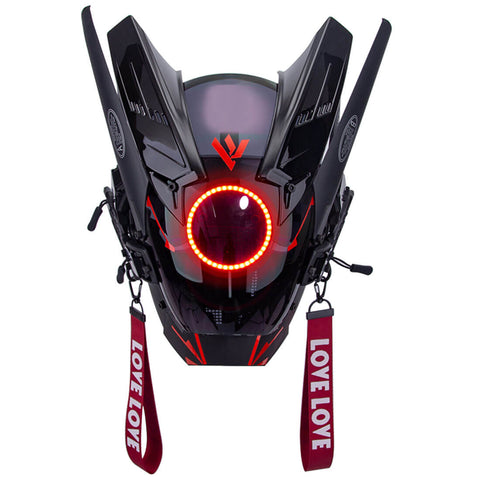 FuturFam-cyberpunk-red-round-light-mask-with-streamers-with-gloves-wrist-armor-for-masquerade