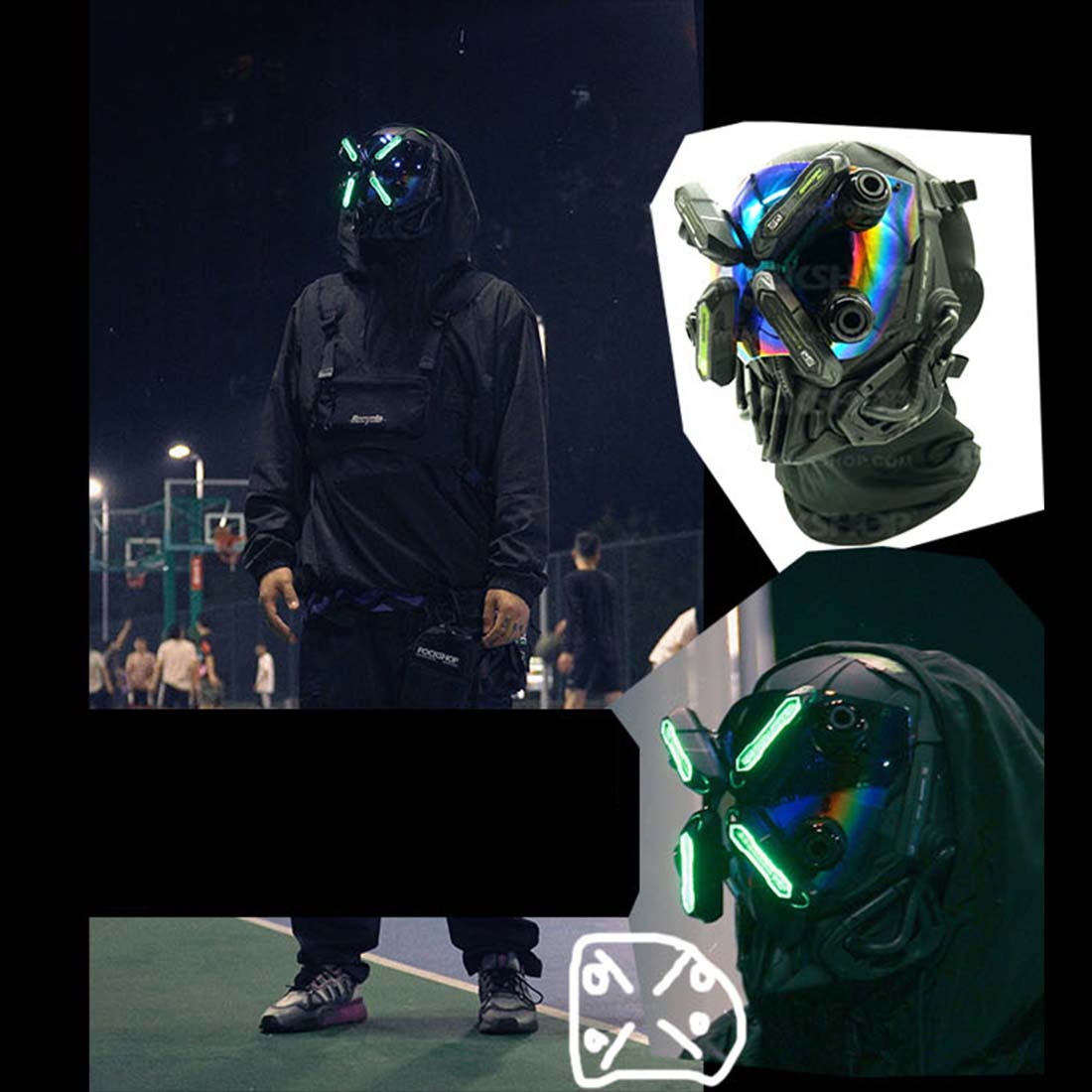 FuturFam-future-cyberpunk-mask-with-four-green-light-sheets-for-cosplay-props