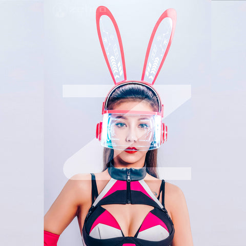 Future Cyberpunk Bunny Mask Cosplay Costume Props with Lights for Women