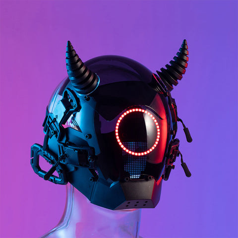 Futuristic Cyberpunk Demon Horns Helmets Mask with Round LED Light Cosplay Prop