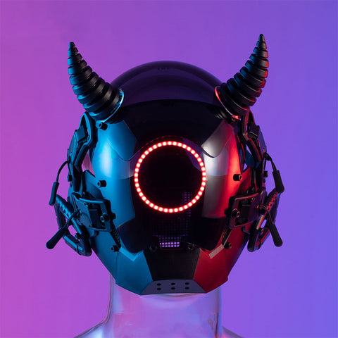 Futuristic Cyberpunk Demon Horns Helmets Mask with Round LED Light Cosplay Prop