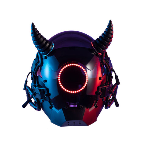 Futuristic Cyberpunk Demon Horns Helmets Mask with Round LED Light Cosplay Prop