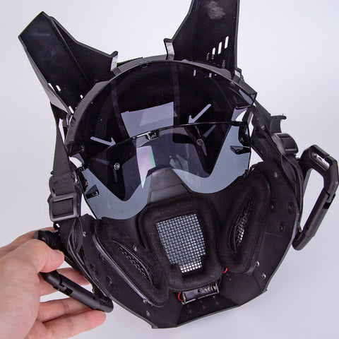 Futuristic Cyberpunk Demon Horns Helmets Mask with Round LED Light Cosplay Prop