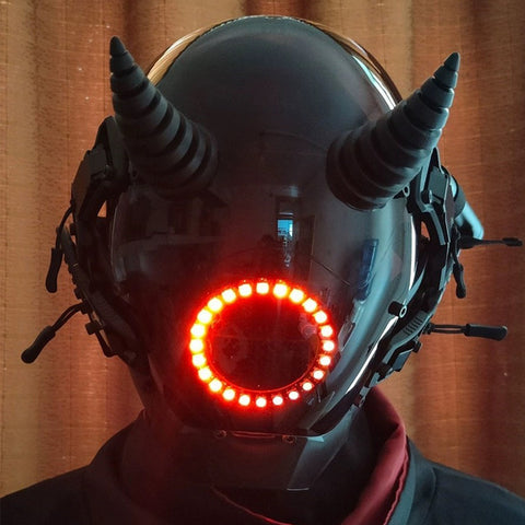 Futuristic Cyberpunk Demon Horns Helmets Mask with Round LED Light Cosplay Prop