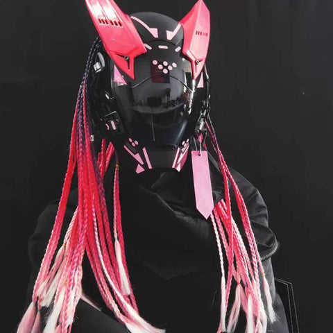 Futuristic Cyberpunk Tech Rechargeable & Glowing Mask with Dreadlocks Cosplay Costume Prop for Halloween Parties (Pink)