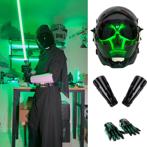 Handmade Green Glowing Skull Head Helmet with Gloves Gauntlets for Men Costume Cosplay Halloween